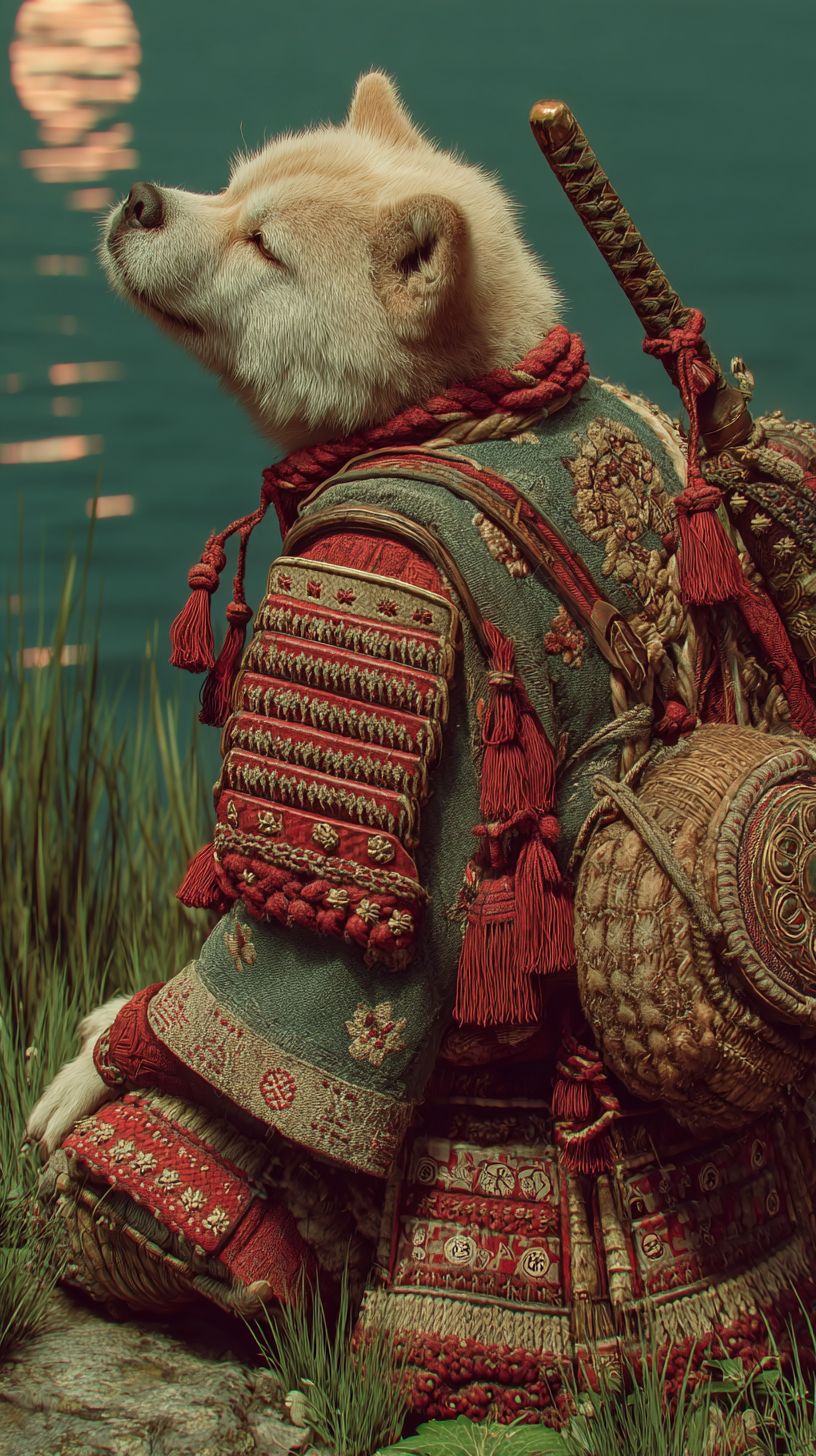 Ein Akita in moosbedeckter Samurai-Rüstung steht an einem spirituellen See im Mondlicht