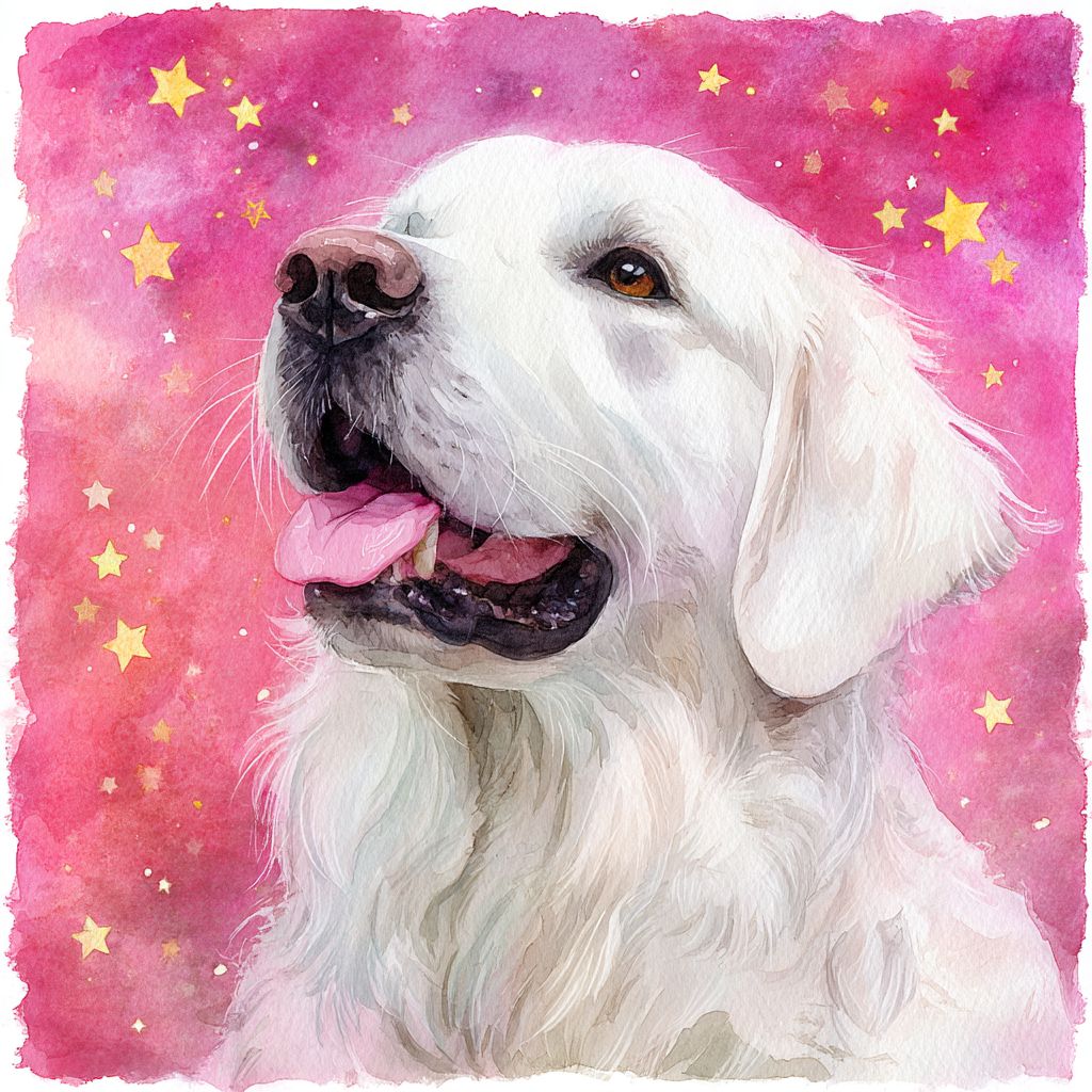 Chien golden retriever blanc en aquarelle avec des étoiles jaunes et un fond rose dégradé