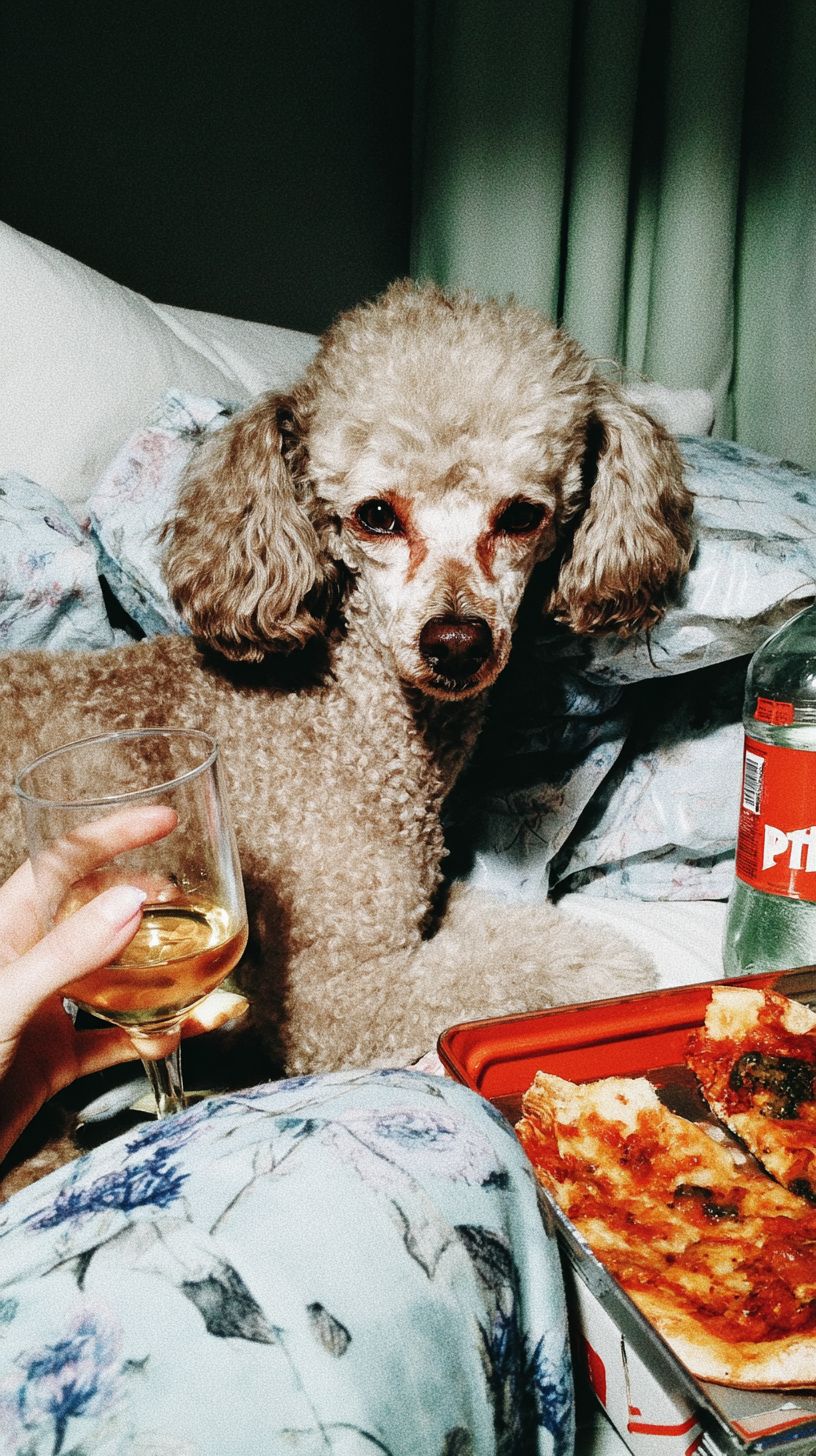 Un petit poodle duveteux se prélassant contre des oreillers dans un lit douillet avec de la pizza et du vin à côté, et une douce lumière du matin