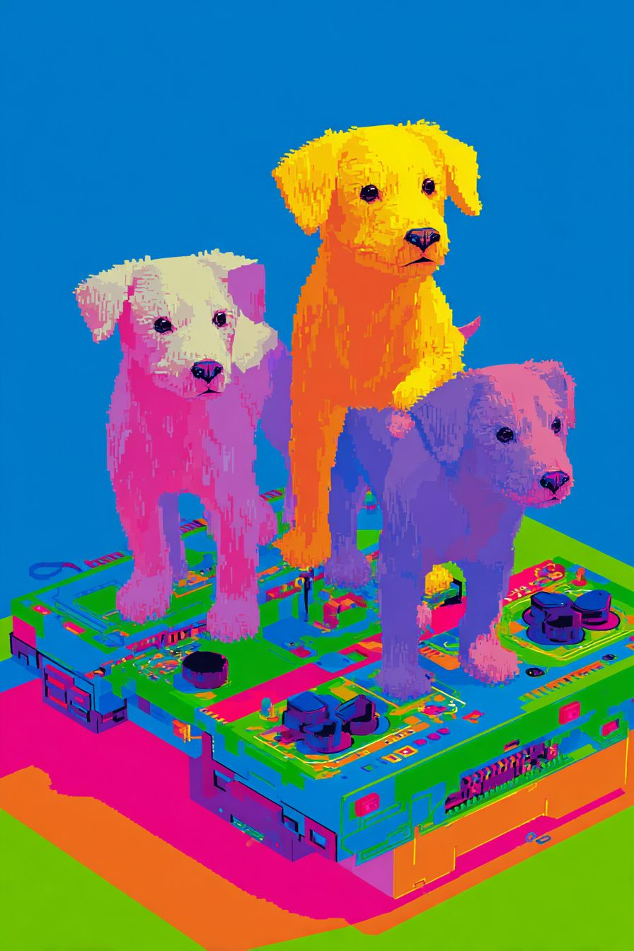 Trois chiens de compagnie se tiennent sur une manette de jeu composée de composants électroniques