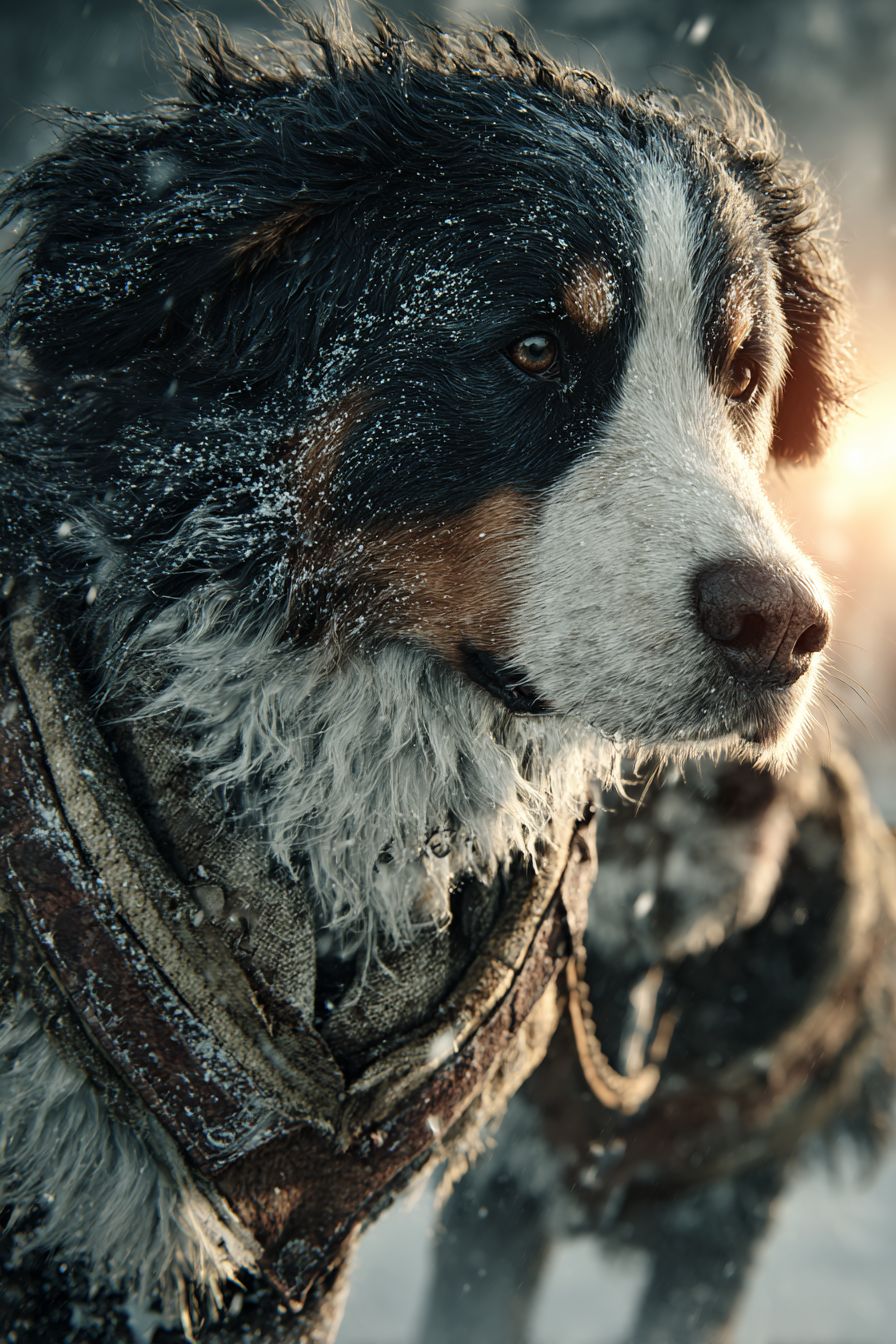 A realistic Bernese mountain dog pulls a sled through a snowy forest