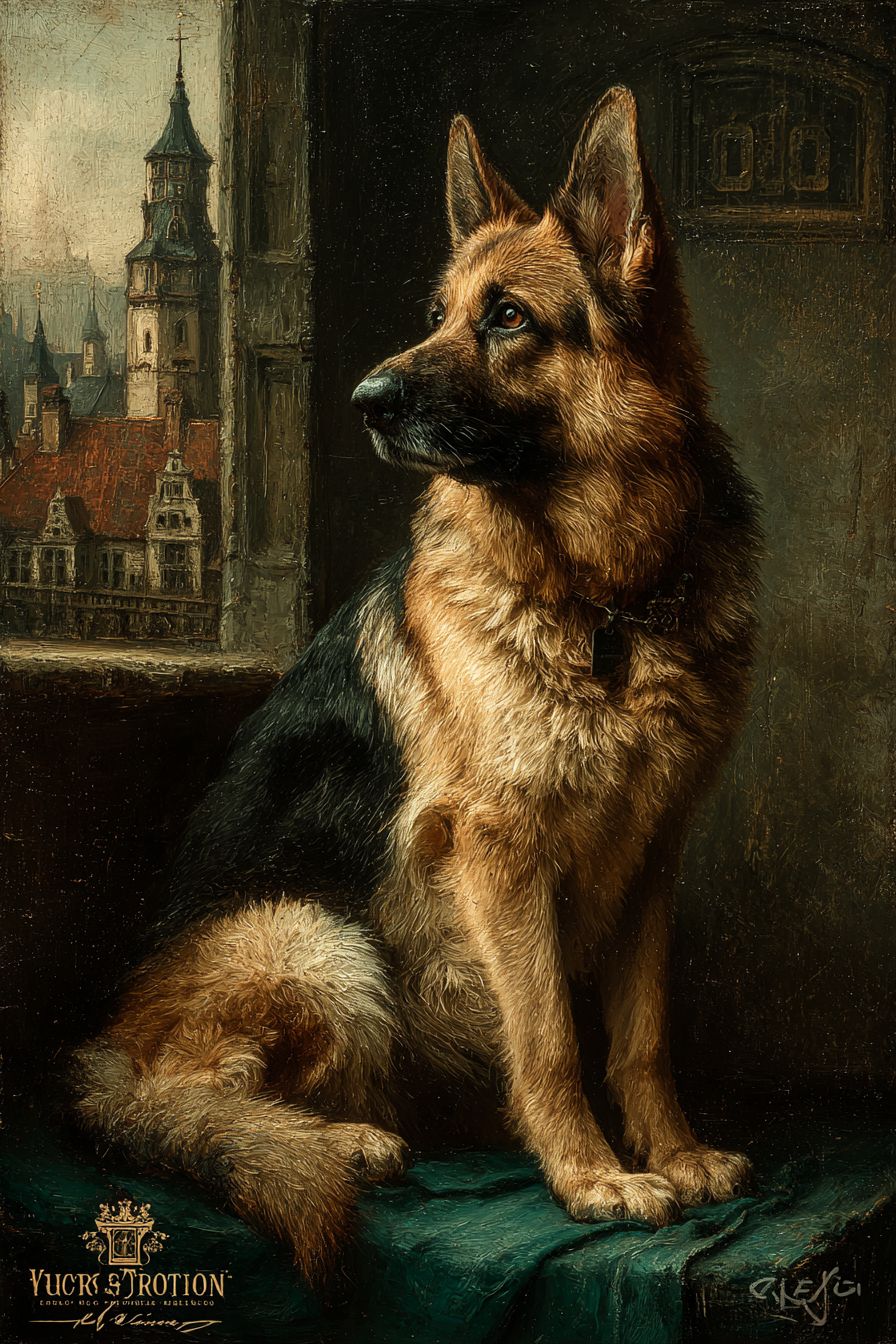 一幅文艺复兴风格的德国牧羊犬油画，背景为欧洲城堡，姿态威严