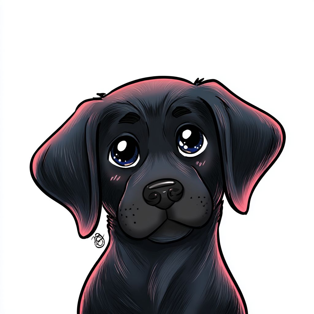 Portrait of a black lab in kawaii cartoon style