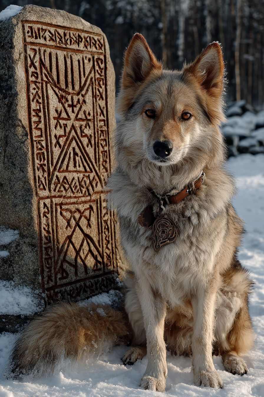 一块芬兰犬雕刻的斯堪的纳维亚风格石碑