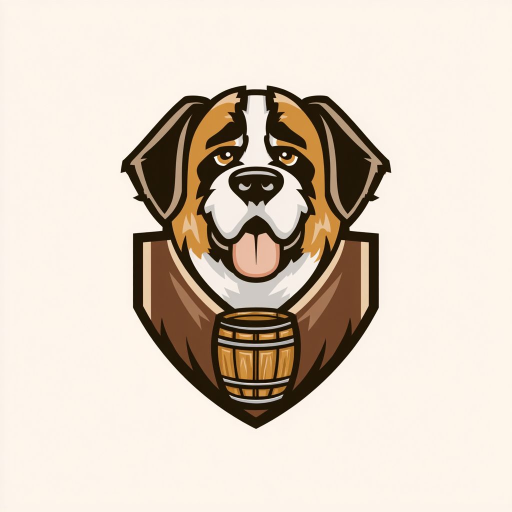Ein süßes, aber einschüchterndes Logo eines tan Saint Bernard mit einem Whiskyfass