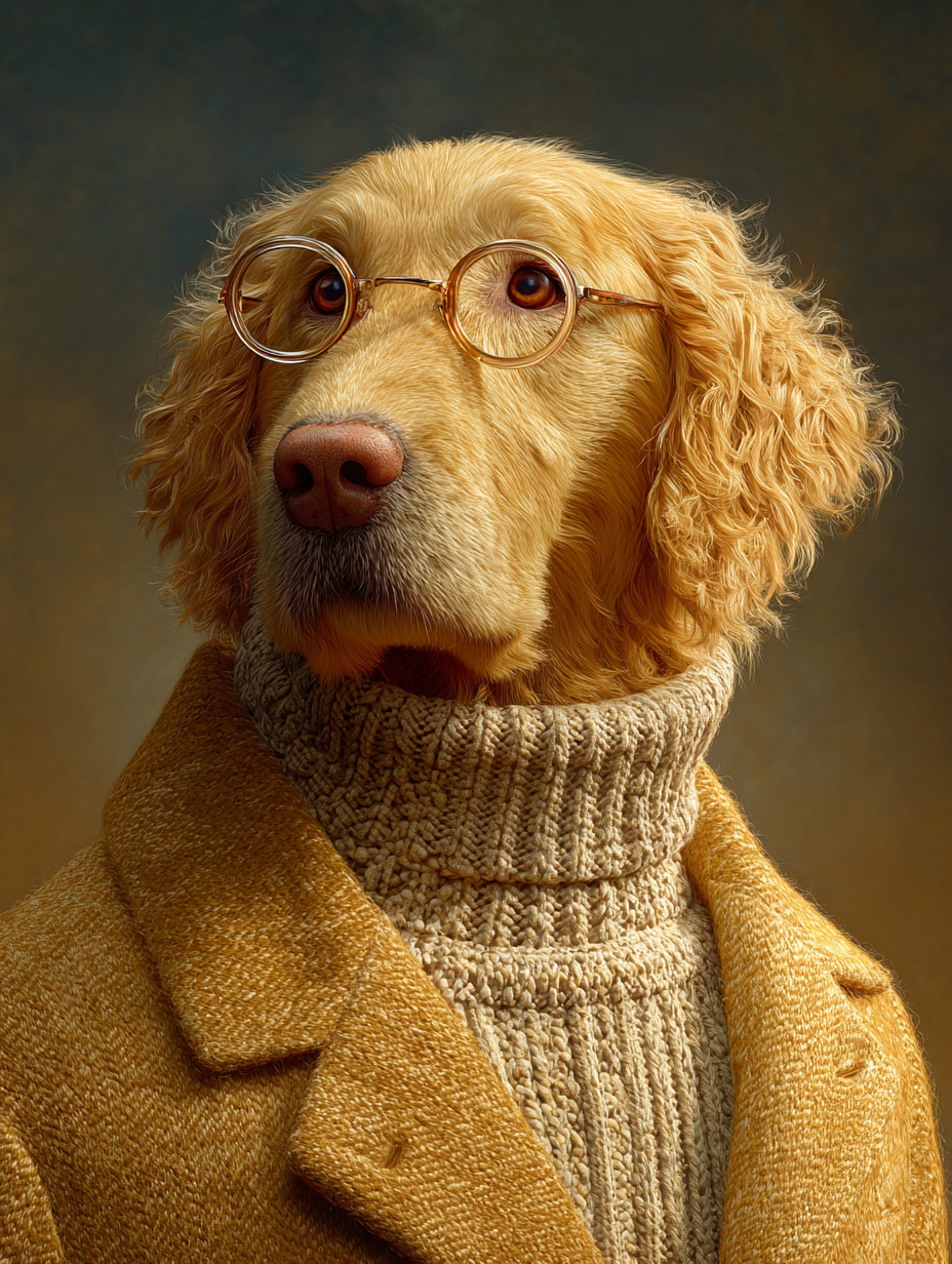Ein Golden Retriever trägt ein beiges Blazer, ein Strickrollkragenoberteil und eine klare Brille mit einem freundlichen Ausdruck
