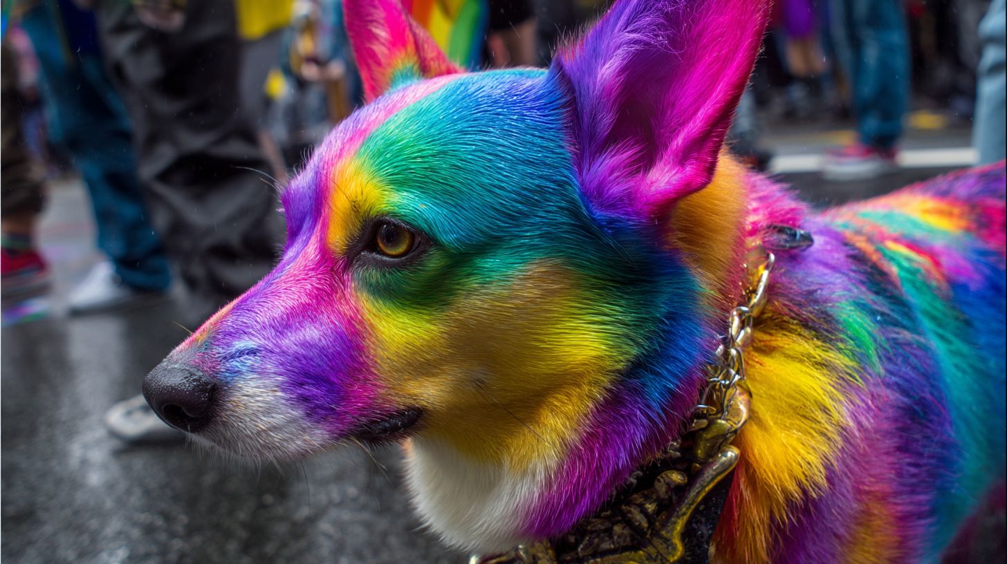 Chien corgi arc-en-ciel à fourrure colorée, parfait pour incarner le concept de la parade des fiertés