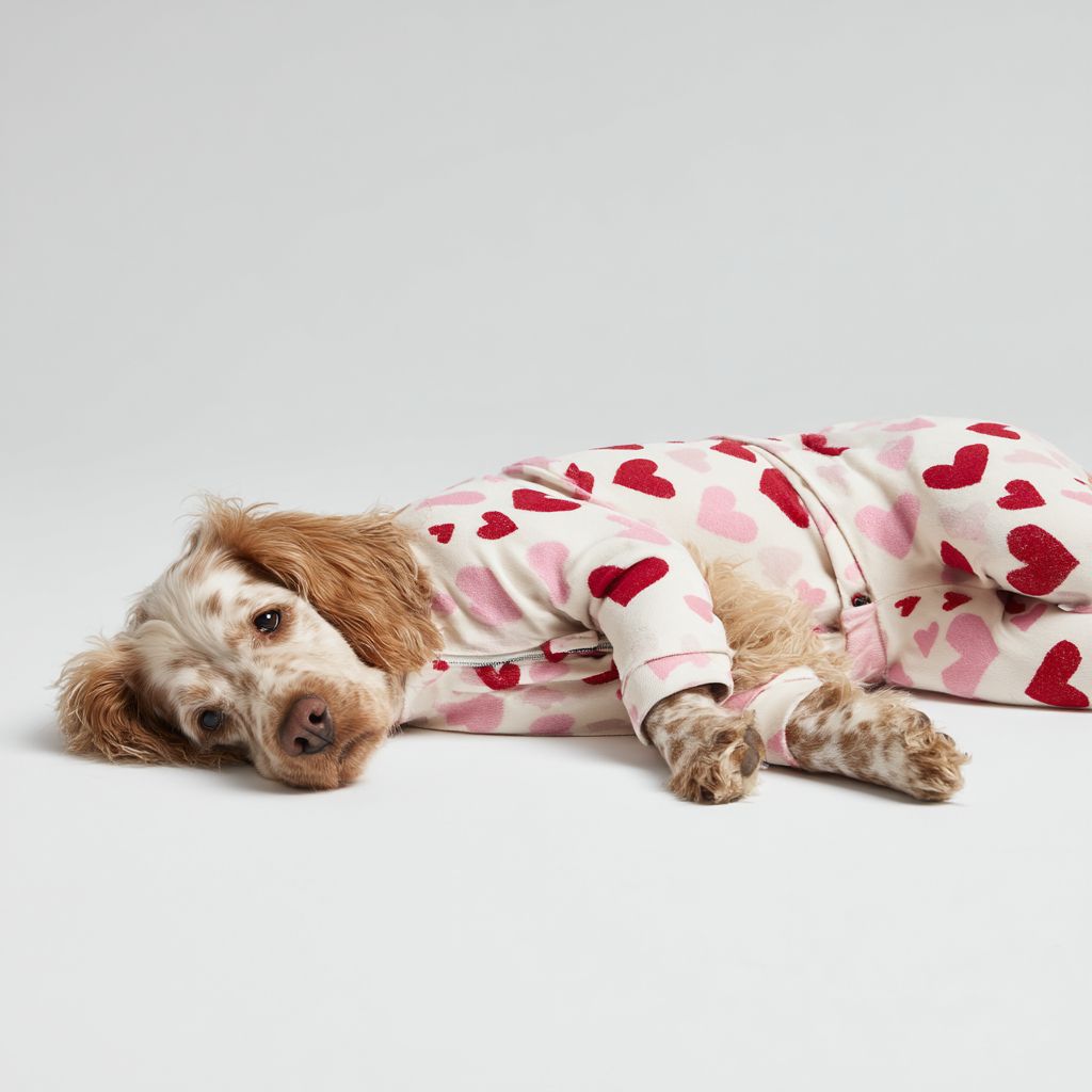 Un perro lleva pijama con estampado de corazones