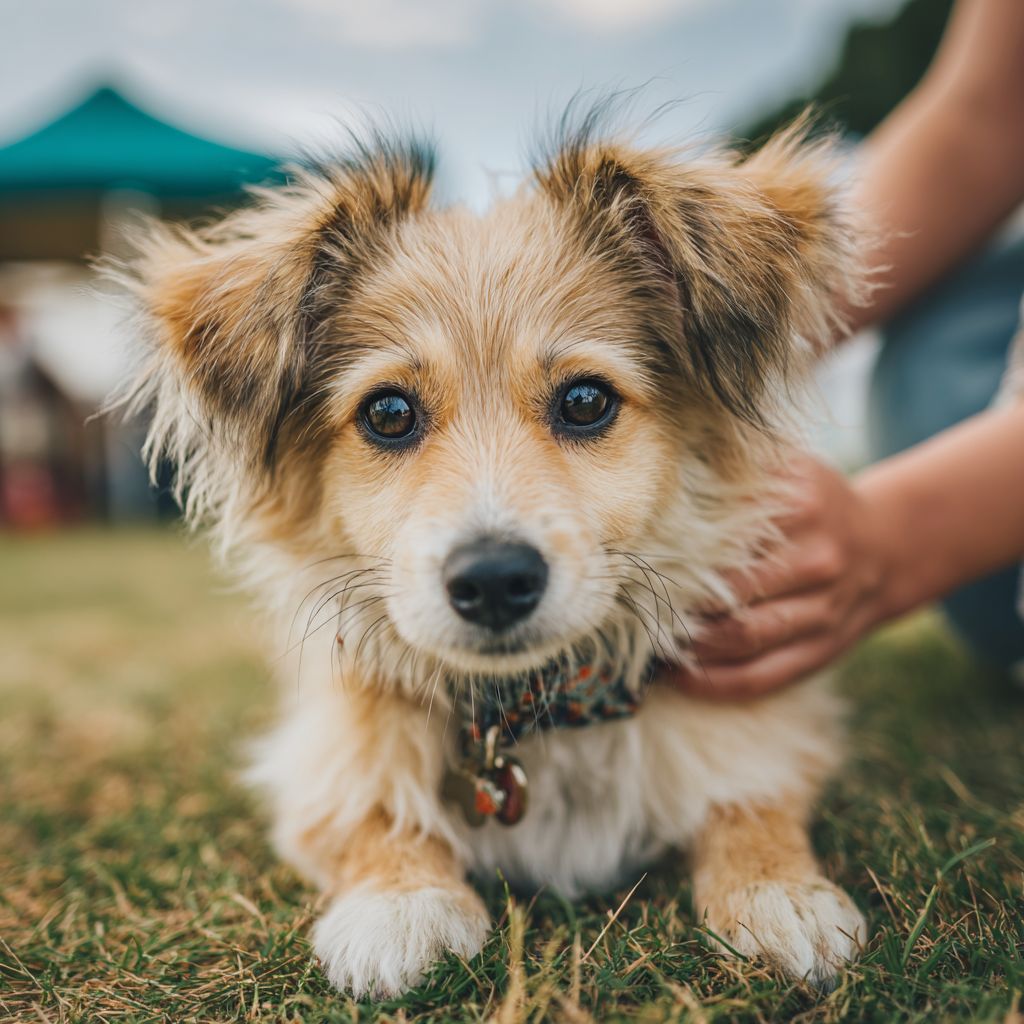 Un perrito está siendo acariciado amorosamente por su dueño en la hierba