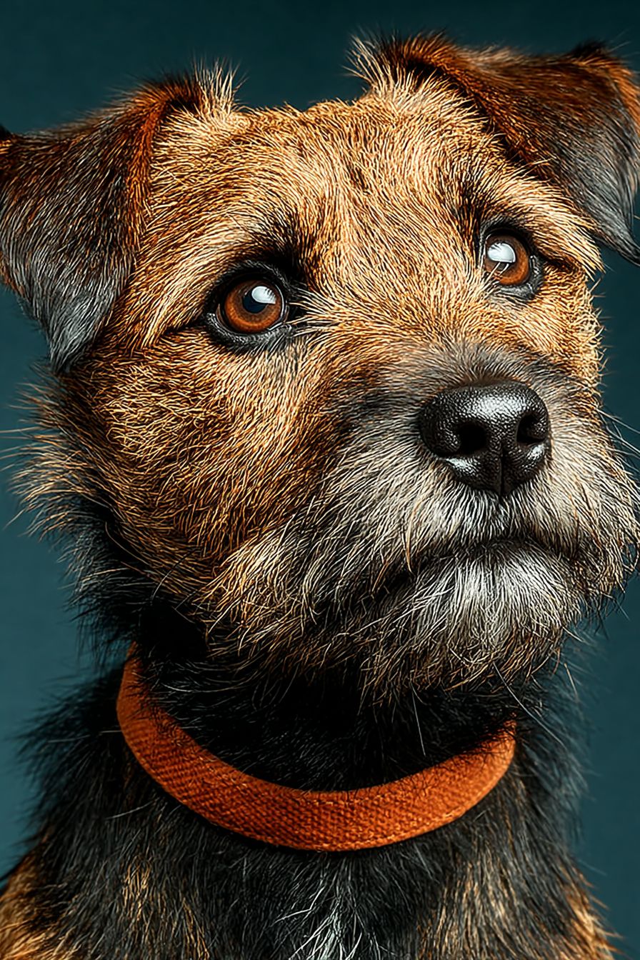 Ein hyper-realistisches nahes Portrait eines Border Terriers mit drahtigem, braunem Fell und leuchtenden dunklen Augen