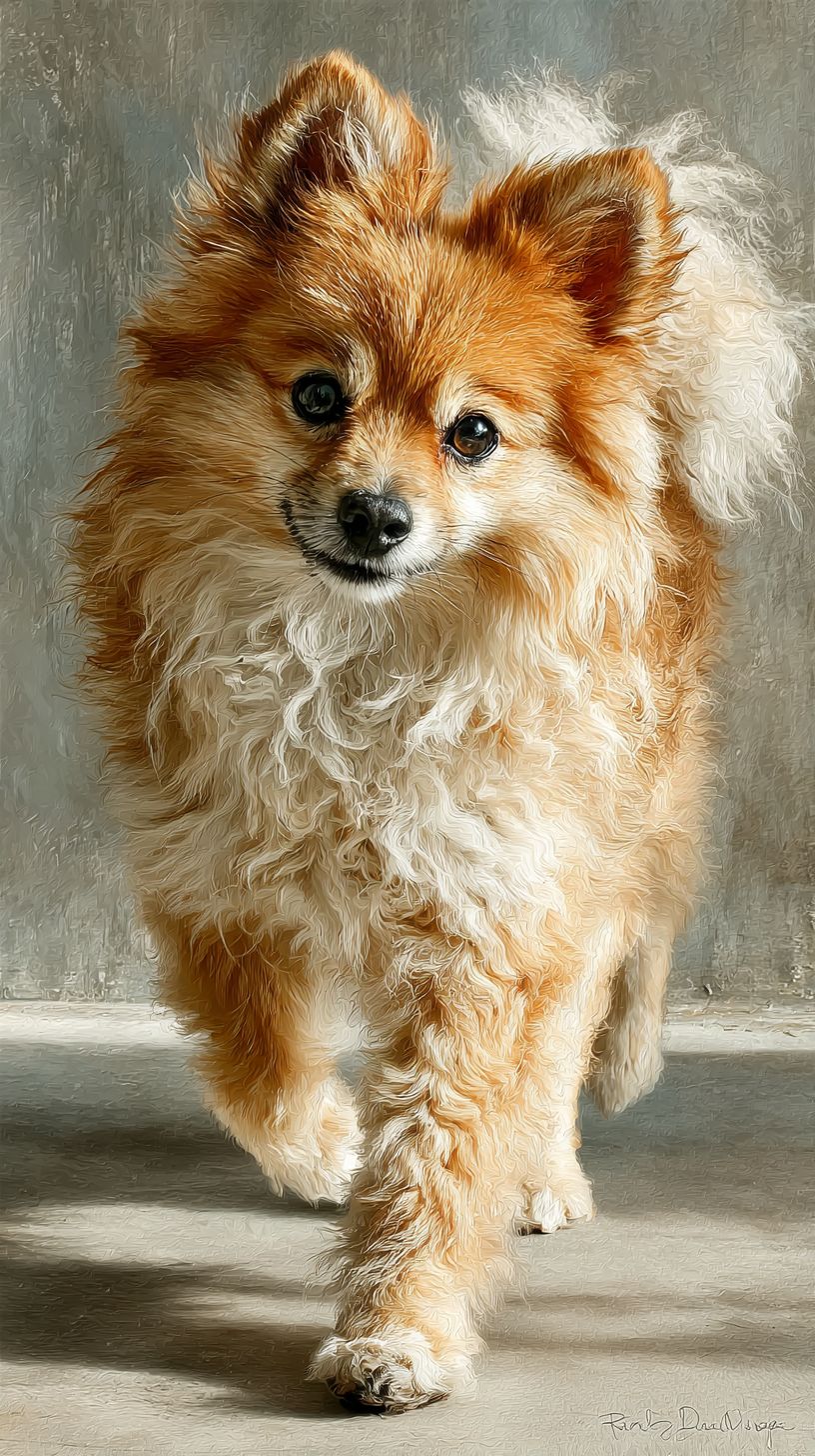 一隻可愛蓬鬆的博美犬正在奔跑，前爪高舉朝著淡色牆壁衝去