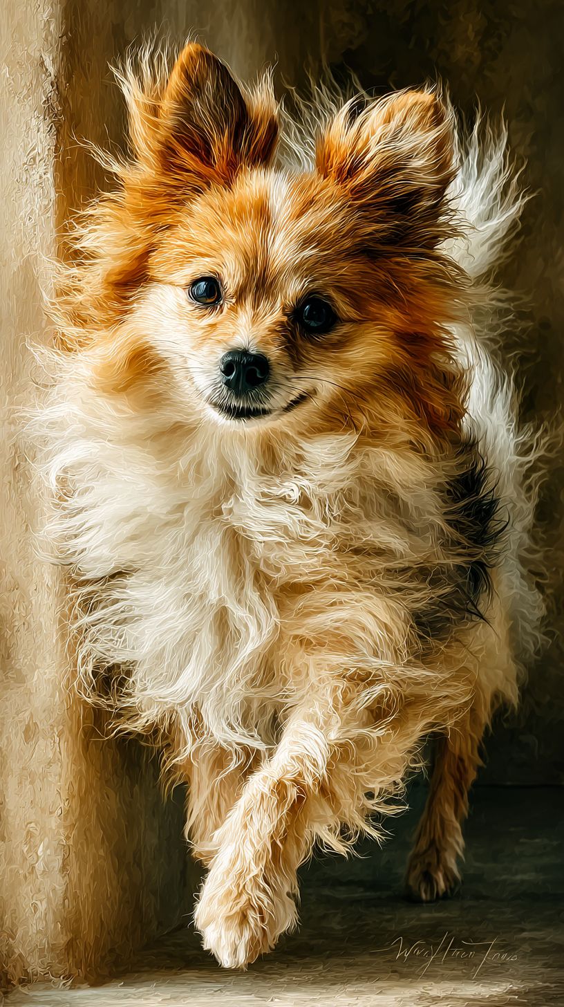 一隻可愛蓬鬆的博美犬正在奔跑