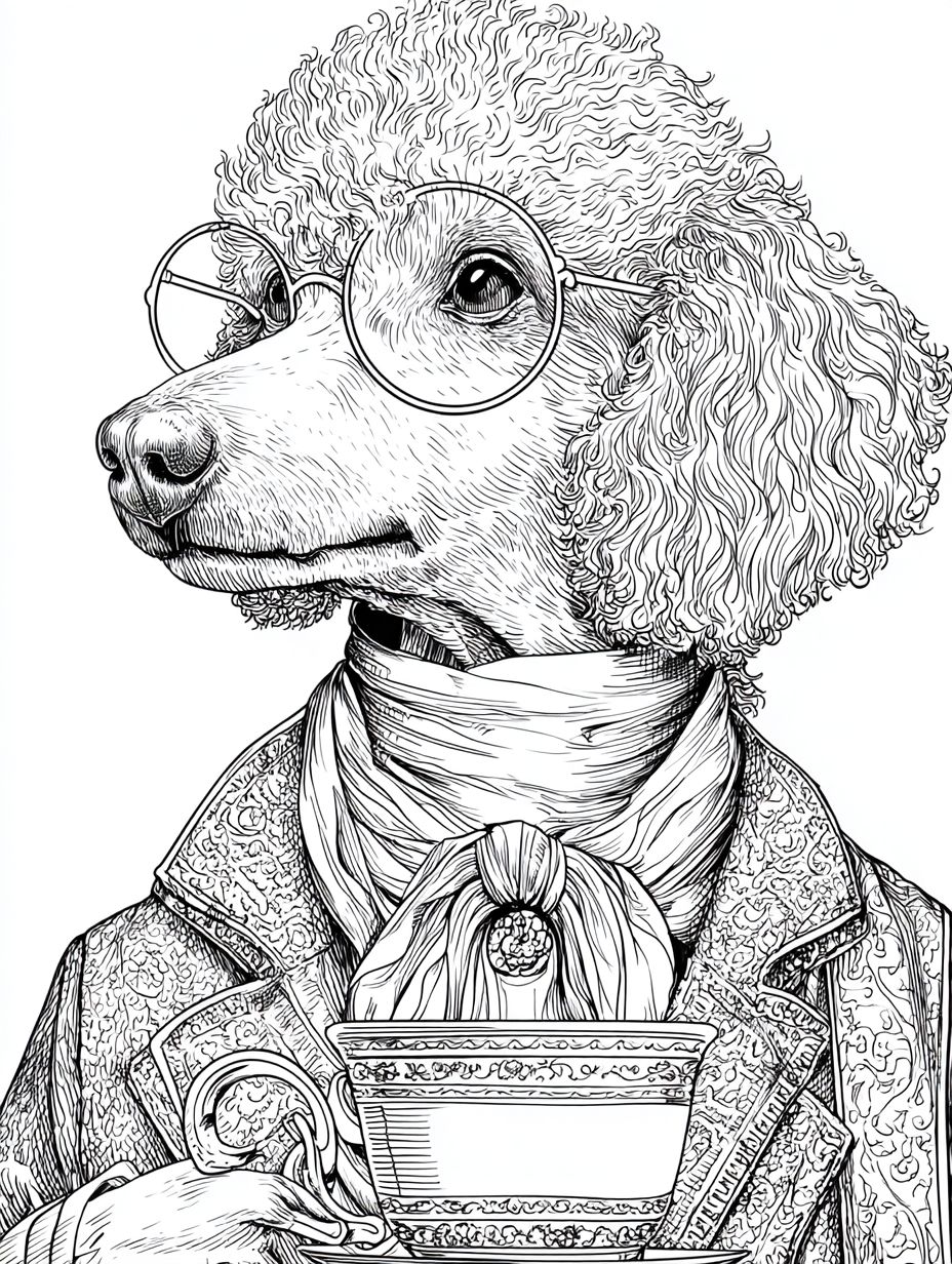 Ausmalbild für Erwachsene mit einem Bedlington Terrier in einer Krawatte und Brille, der Earl Grey Tee genießt