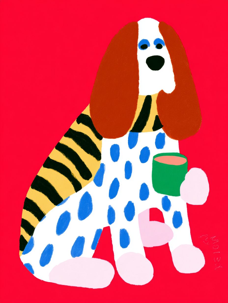Ein pelziger Cocker Spaniel trägt einen Tiger-Muster-Schal und hält eine Polaroidkamera vor einem lebendigen roten Hintergrund