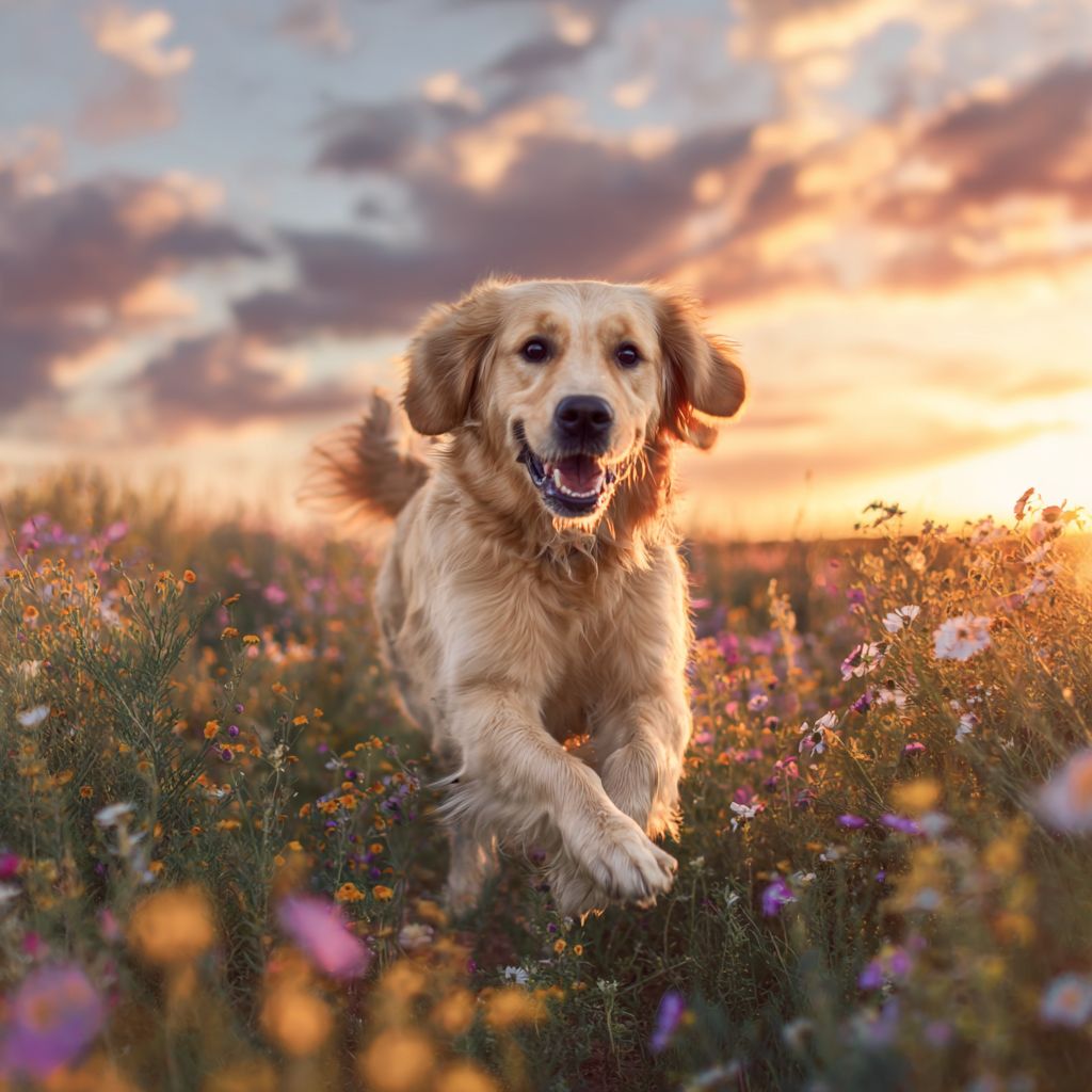 Un golden retriever courant dans un champ de fleurs au coucher du soleil