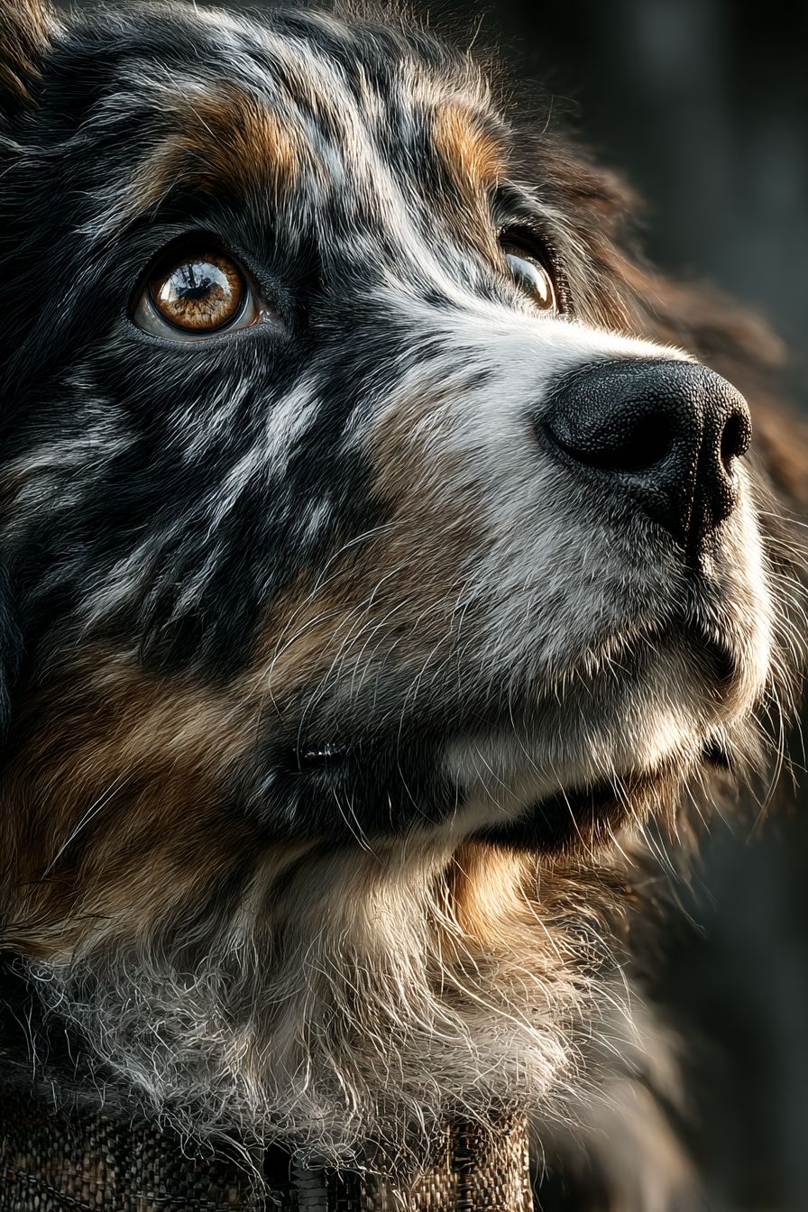 一只超现实主义的伯恩山犬小狗特写，三色毛发，温暖的棕色眼睛，柔和的森林光线