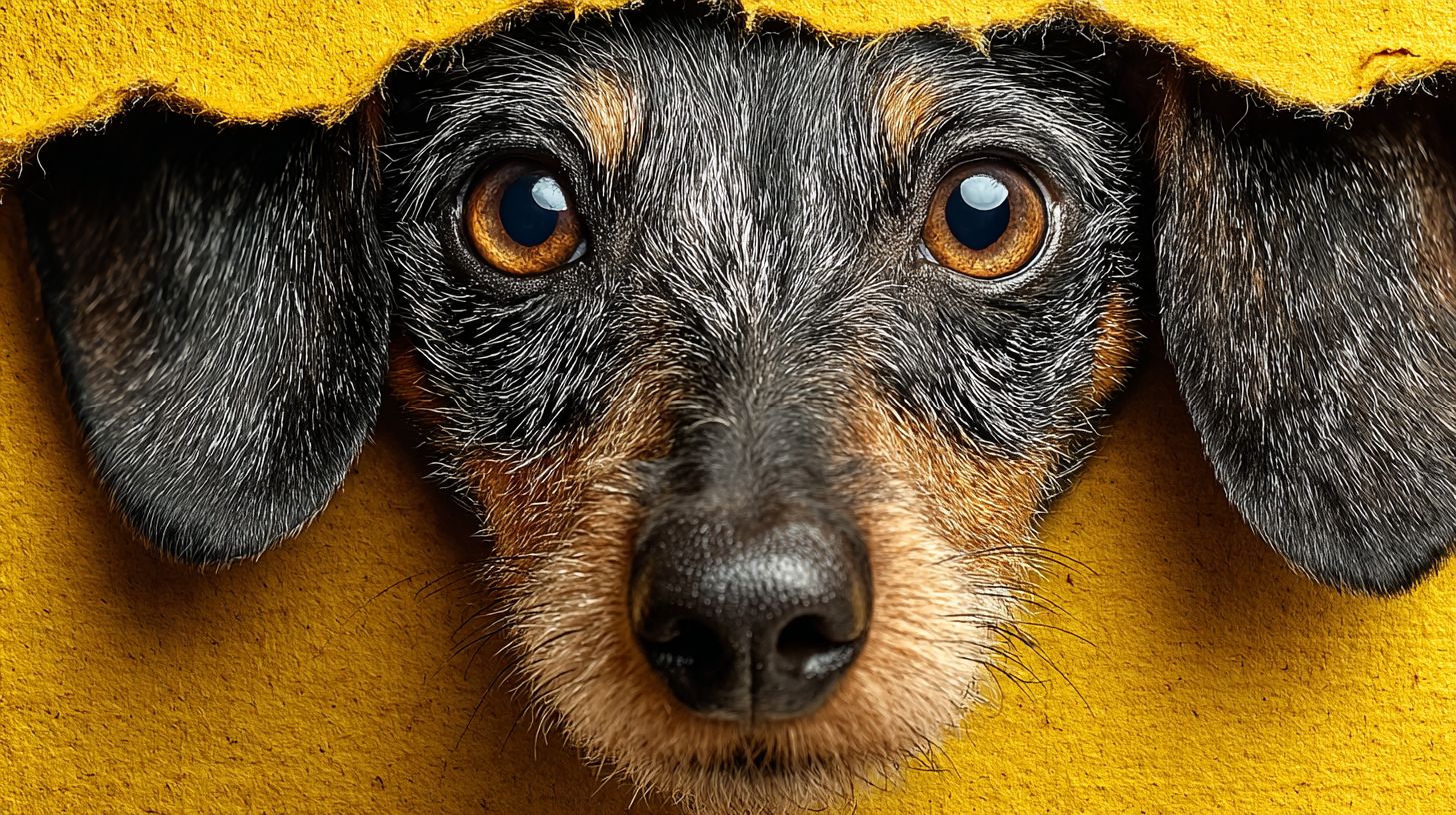 Un perro salchicha asomándose por un agujero rasgado en papel amarillo con una expresión curiosa