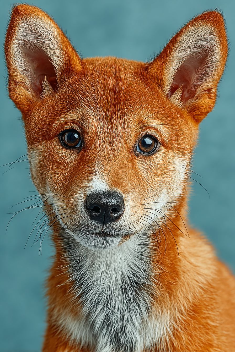 一隻好奇的柴犬幼犬特寫肖像，毛色為奶油色和棕色