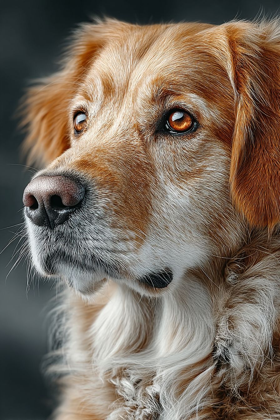 A hyper-realistic close-up portrait of a Golden Retriever with soft golden fur and warm brown eyes