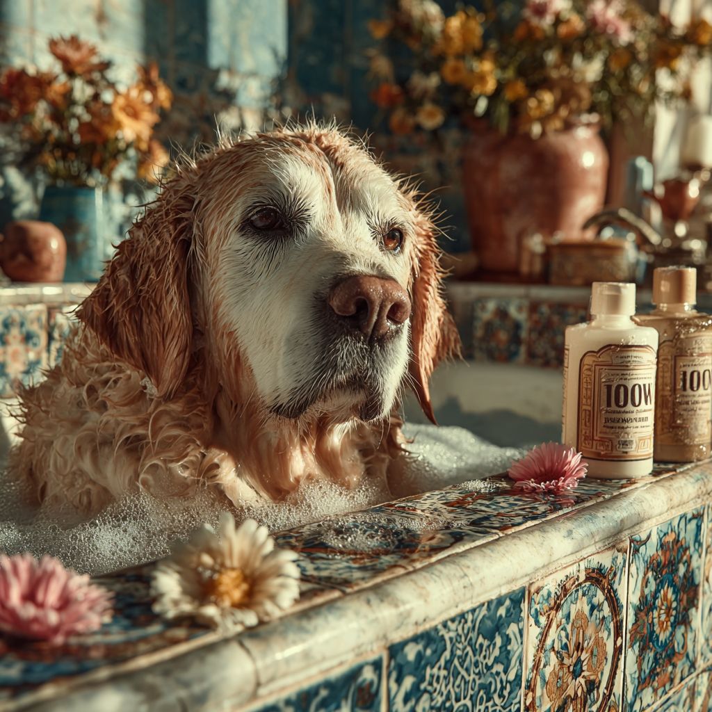 Un chien heureux dans une baignoire avec du shampoing