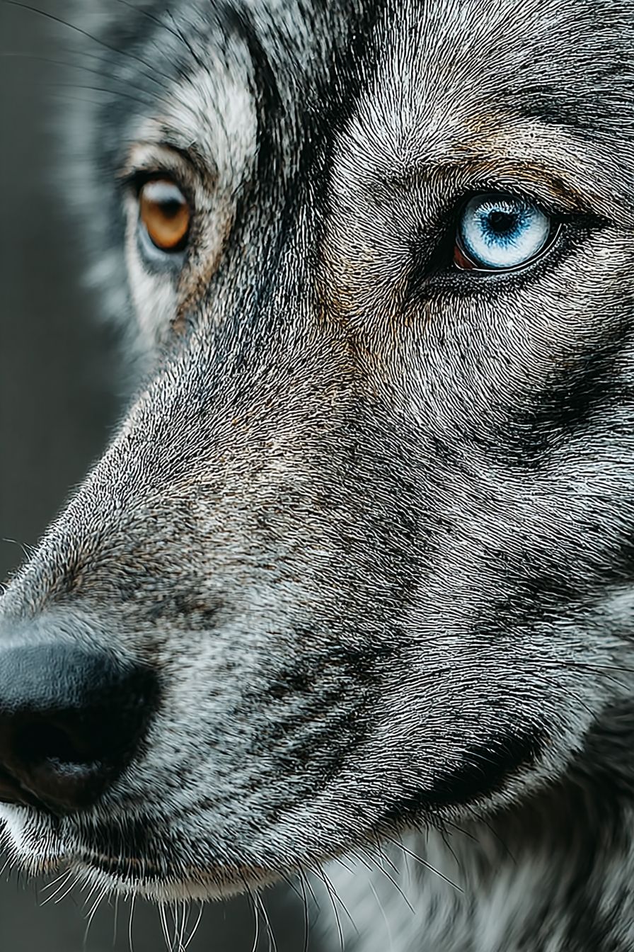 Ein hyperrealistisches Nahaufnahmeporträt eines heterochromen Huskys mit geheimnisvollem Ausdruck