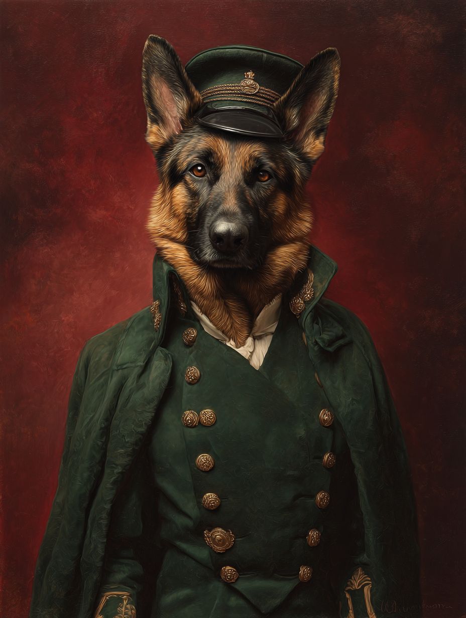 一隻德國牧羊犬穿著維多利亞時代的男性軍官制服