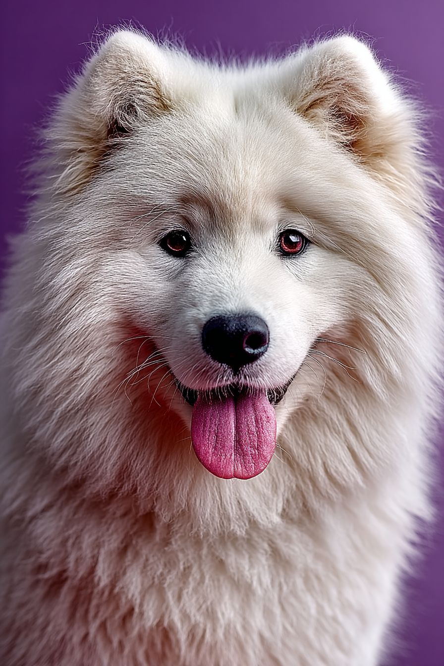 Un portrait en gros plan d'un chiot Samoyède fluffy et blanc avec une expression heureuse, parfait pour un avatar mignon
