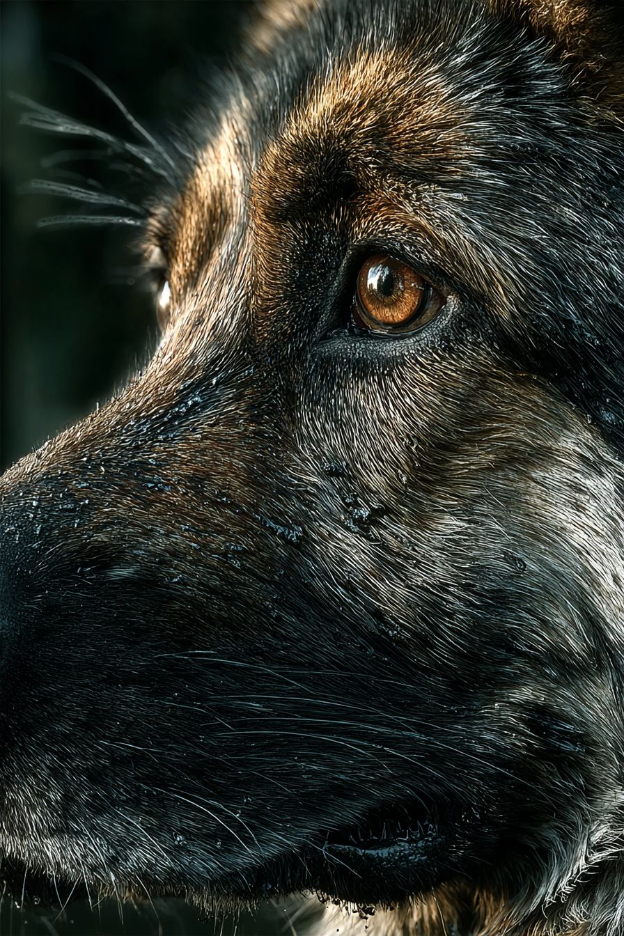 Ein hyper-realistisches Nahaufnahme-Porträt eines deutschen Schäferhundewelpen mit dicken braunen und schwarzen Fell
