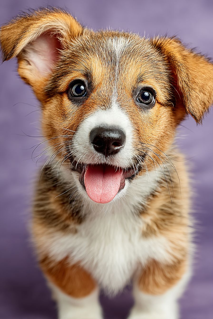 Um close-up de um adorável filhote de Corgi com pelo curto em tons de bege e branco e uma expressão alegre