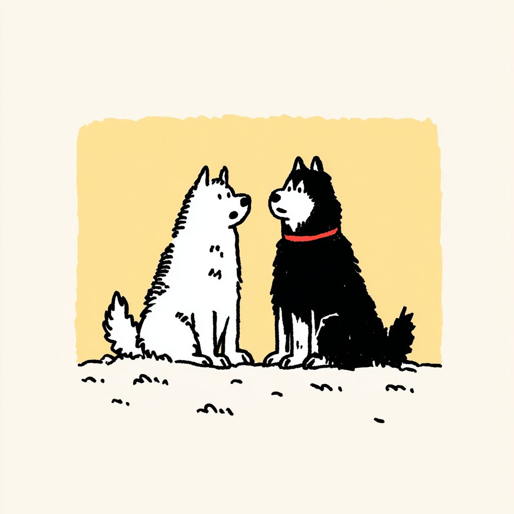 Elegant husky dogs have bushy tails
