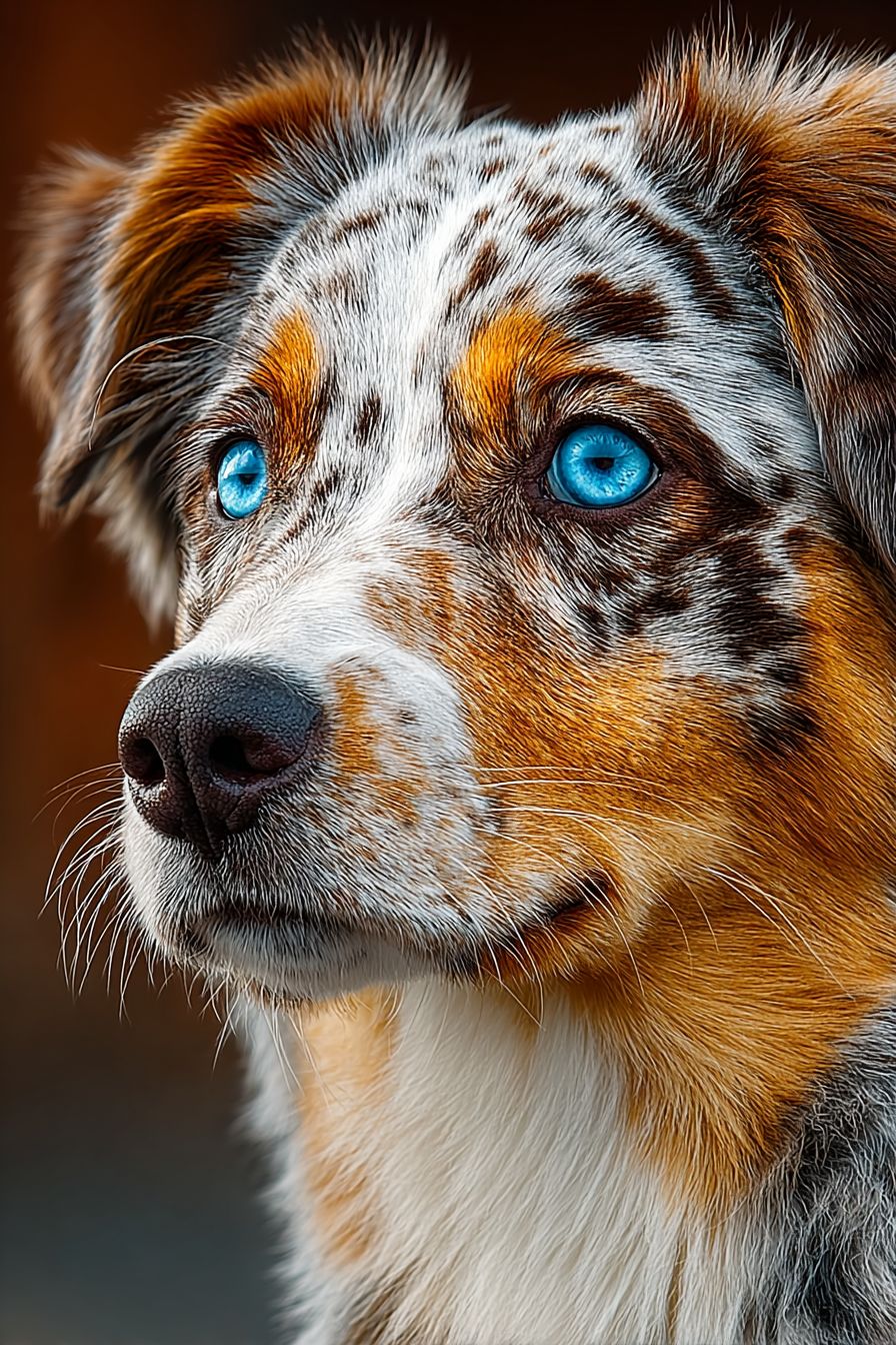 Un portrait en gros plan hyper-réaliste d'un berger australien avec un pelage tricolore vibrant et des yeux bleus brillants, idéal pour une photo de profil