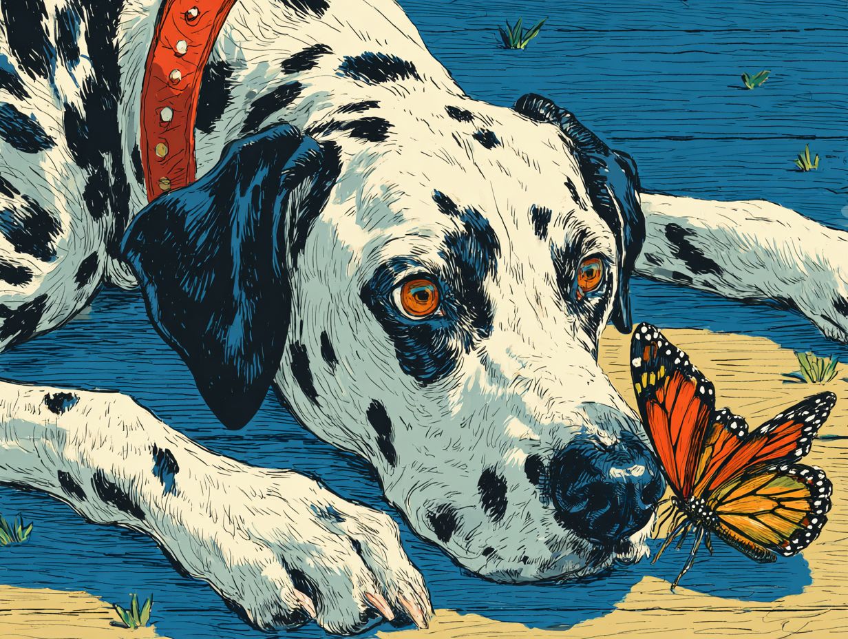 Un chien dalmatien est couché au sol avec un beau papillon sur son nez