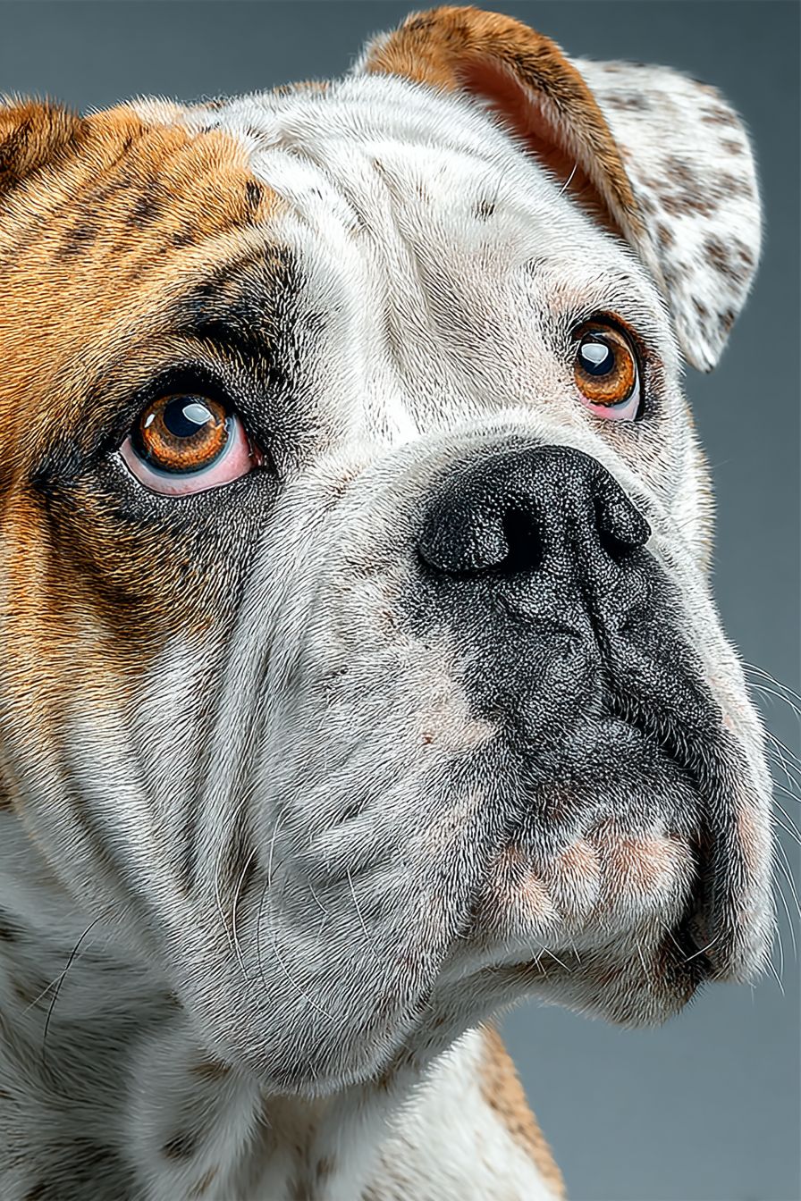 Un retrato de Bulldog hiperrealista en primer plano con piel arrugada y ojos marrones profundos