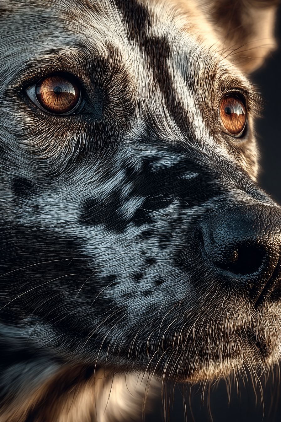 A hyper-realistic close-up portrait of a Savannah dog with sleek spotted fur and large amber eyes