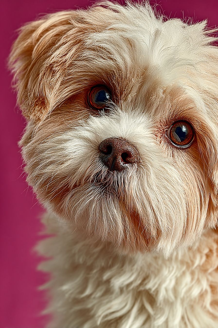 Un retrato en primer plano hiperrealista de un Shih Tzu con pelaje cremoso y ojos oscuros y brillantes