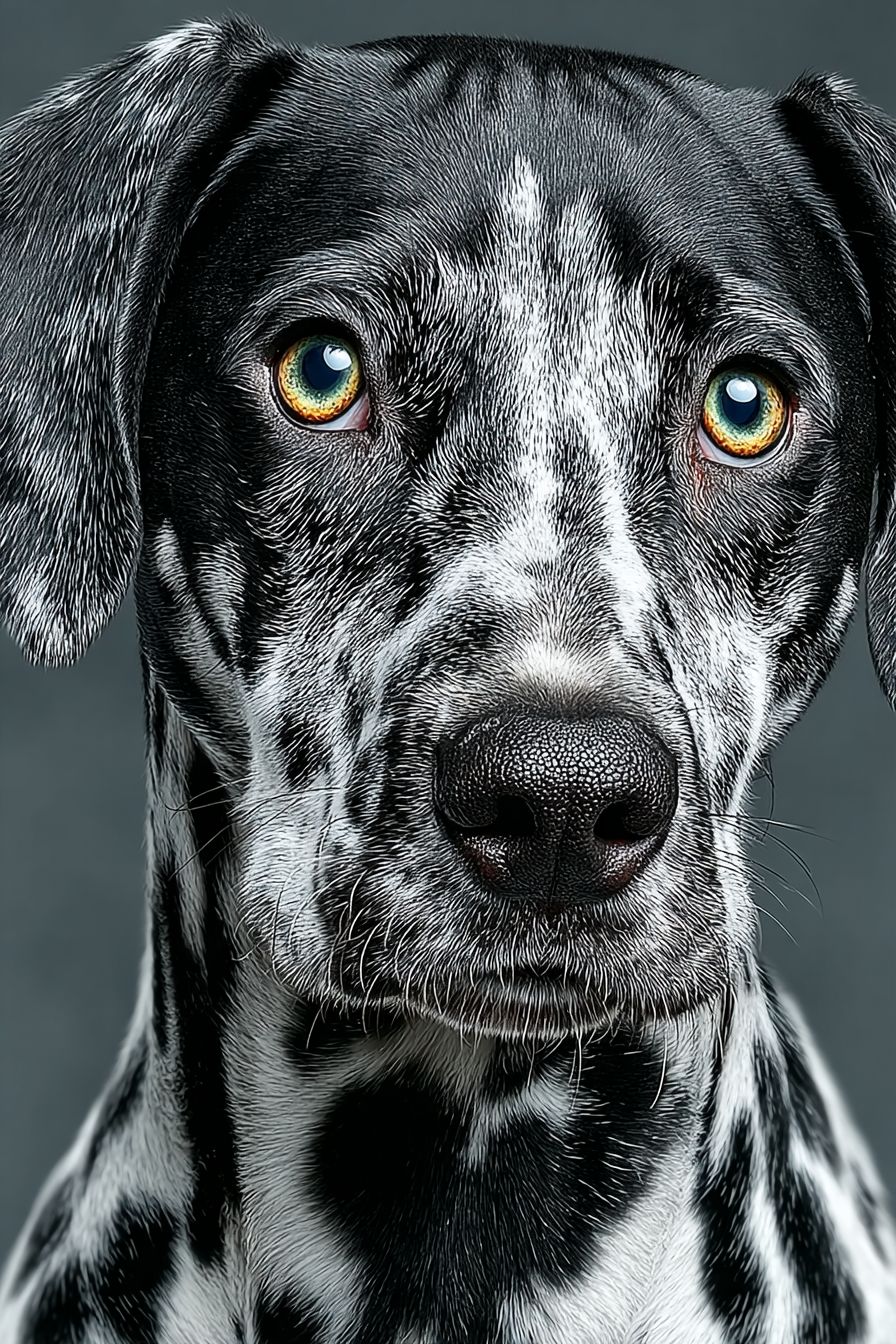 Un portrait en gros plan hyper-réaliste d'un chiot dalmatien noir et blanc avec un pelage lisse et des yeux verts éclatants