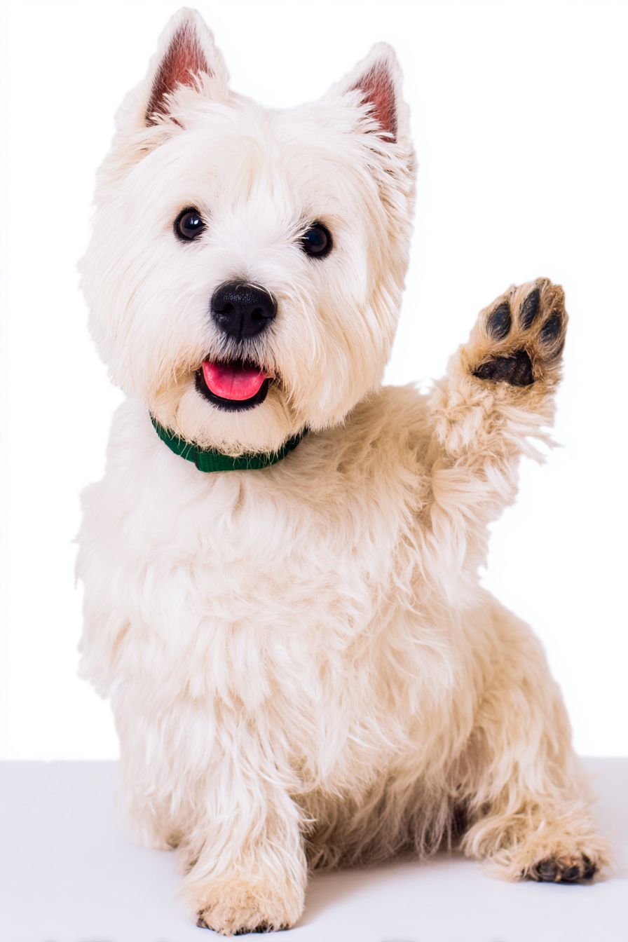 Un terrier de las Highlands de color crema sonríe y hace un signo de paz