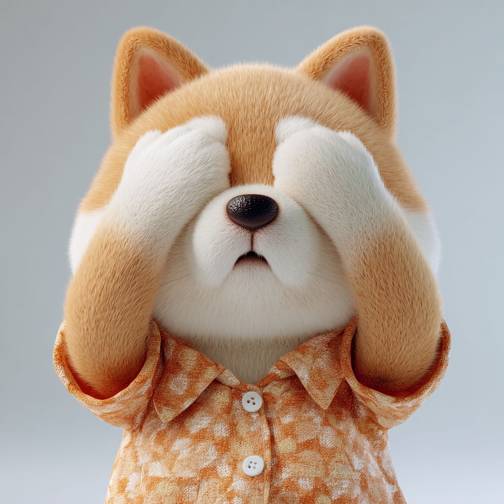 Shiba Inu se esconde los ojos con las manos sintiéndose avergonzado y usando ropa