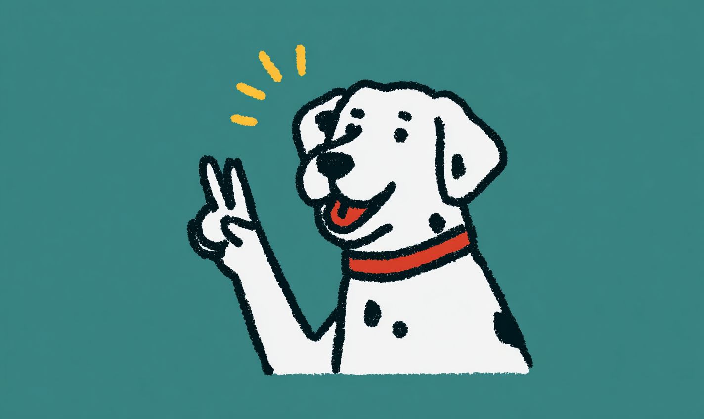 Un dalmatien tacheté souriant faisant un signe de paix
