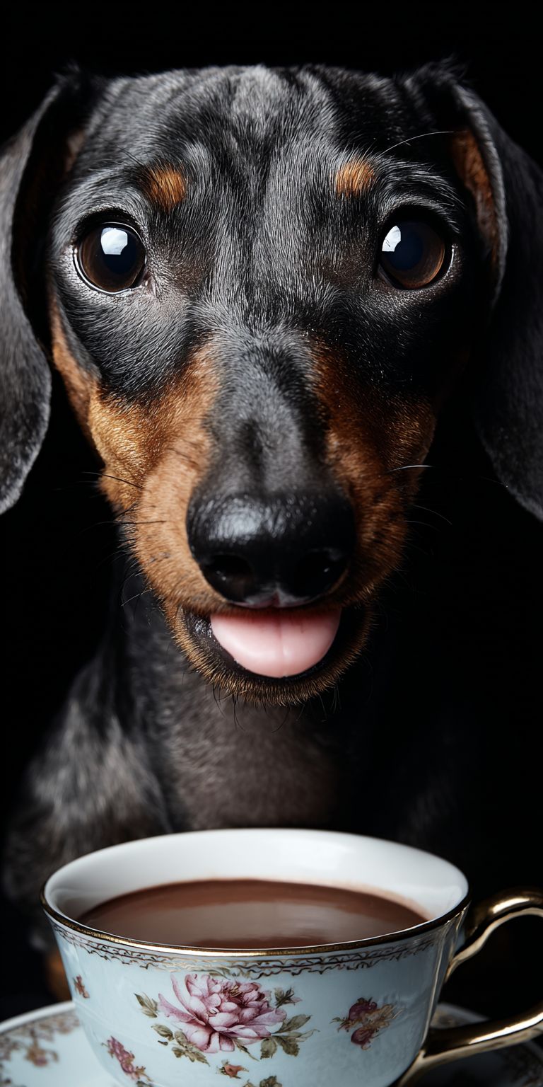 Um dachshund feliz e animado bebendo chocolate quente amigável para cães em um elegante anúncio de marca de animais de estimação online