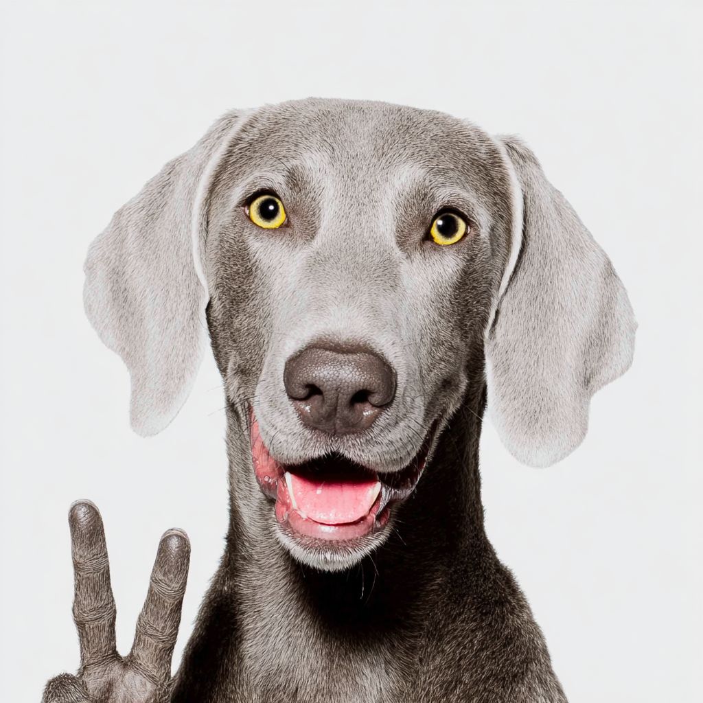 Ein lächelnder silberner Weimaraner, der auf einem weißen Hintergrund ein Friedenszeichen macht
