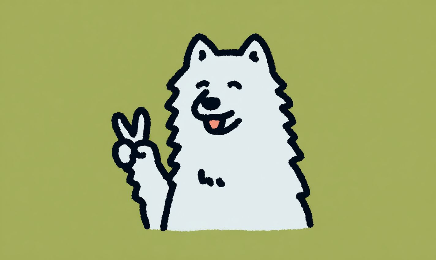 一只微笑的萨摩耶犬在白色背景下比出和平手势