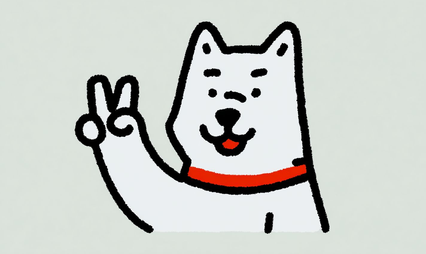 A bicolor Akita smiling and making a peace sign