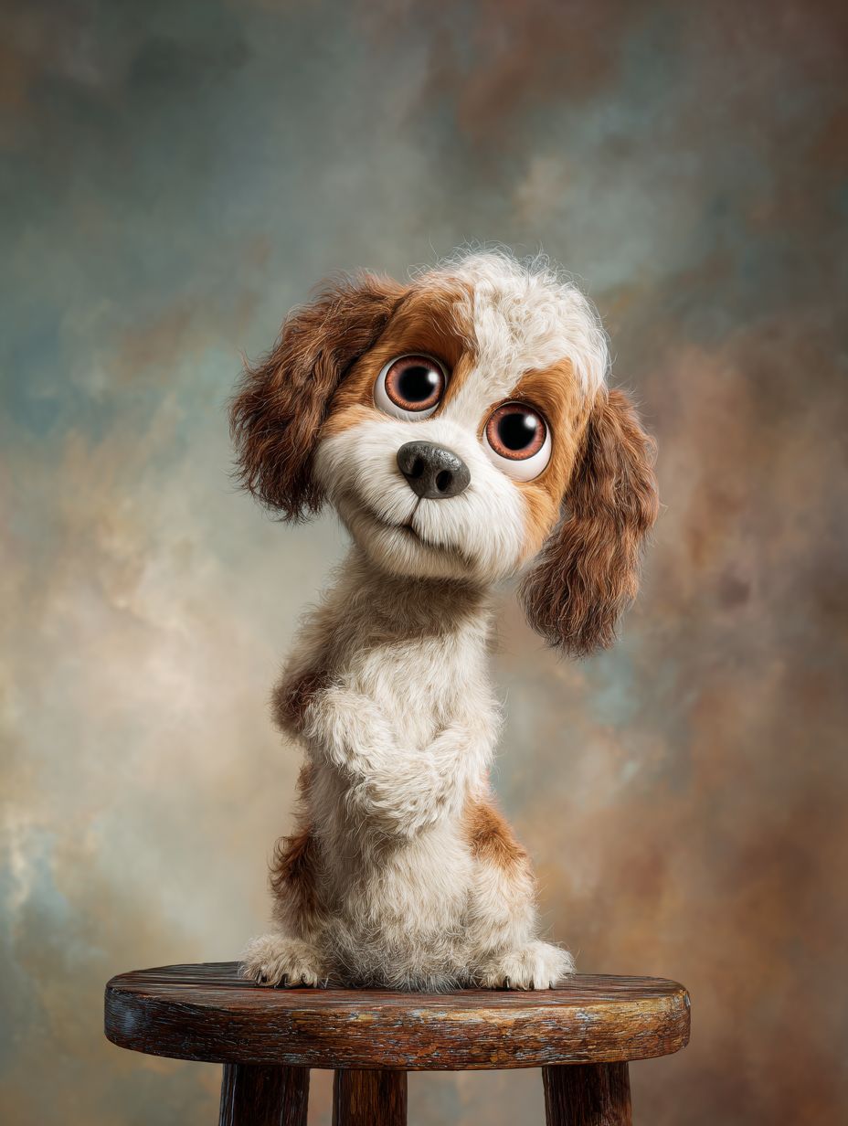 A cute white and brown cockapoo sits on a stool with one paw raised