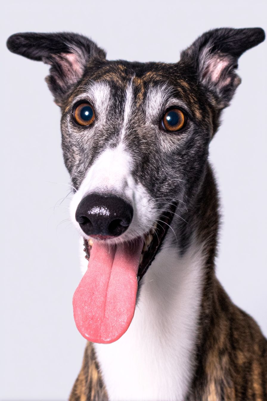 Un Greyhound bringé souriant et faisant un signe de paix