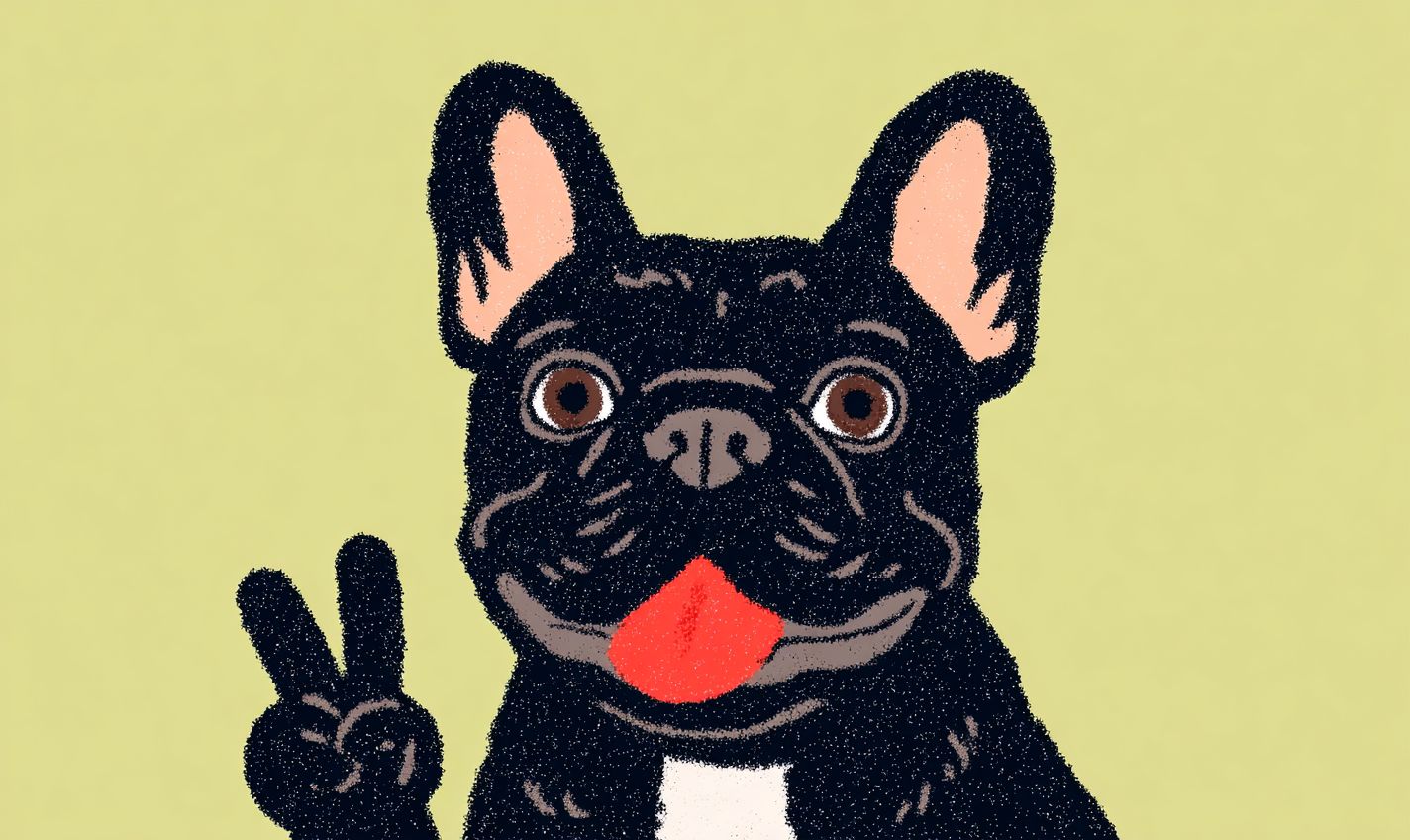 一只微笑的黑色法国斗牛犬做出和平手势