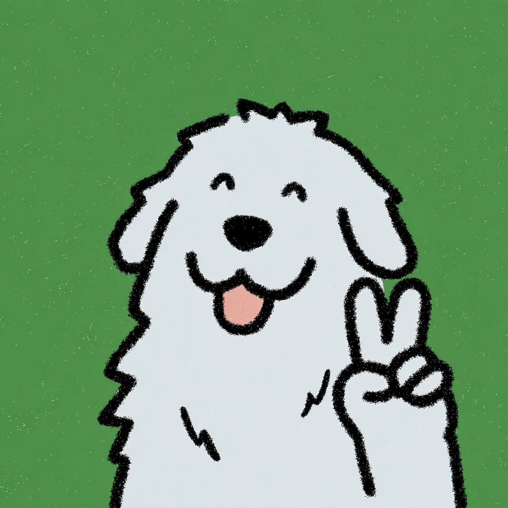 一隻毛茸茸的比利牛斯犬微笑並做出和平手勢