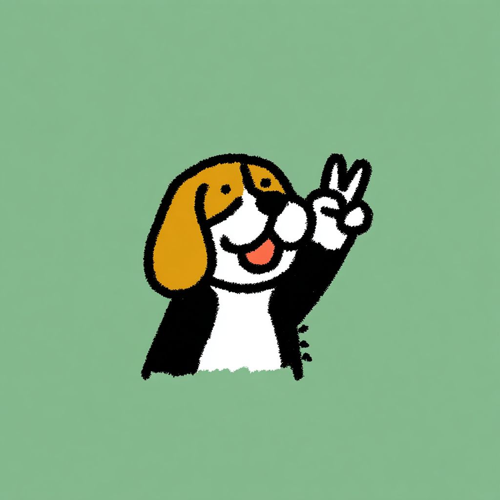 Un beagle tricolore souriant fait un signe de paix sur un fond blanc