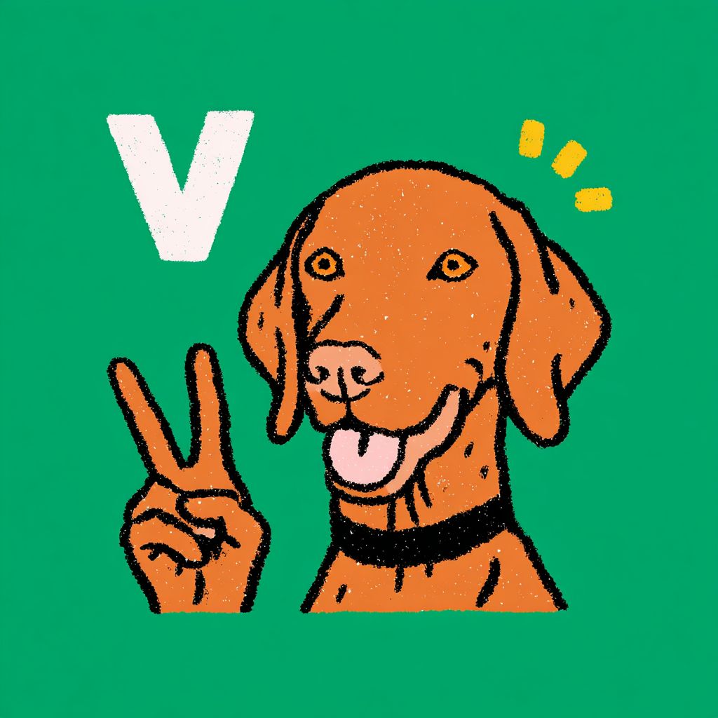 Un Vizsla manchado sonriente haciendo un signo de paz