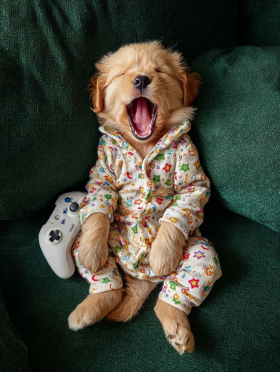 金色の子犬が深緑色のソファの上でカラフルな星と月のパジャマを着て、楽しそうに笑っている